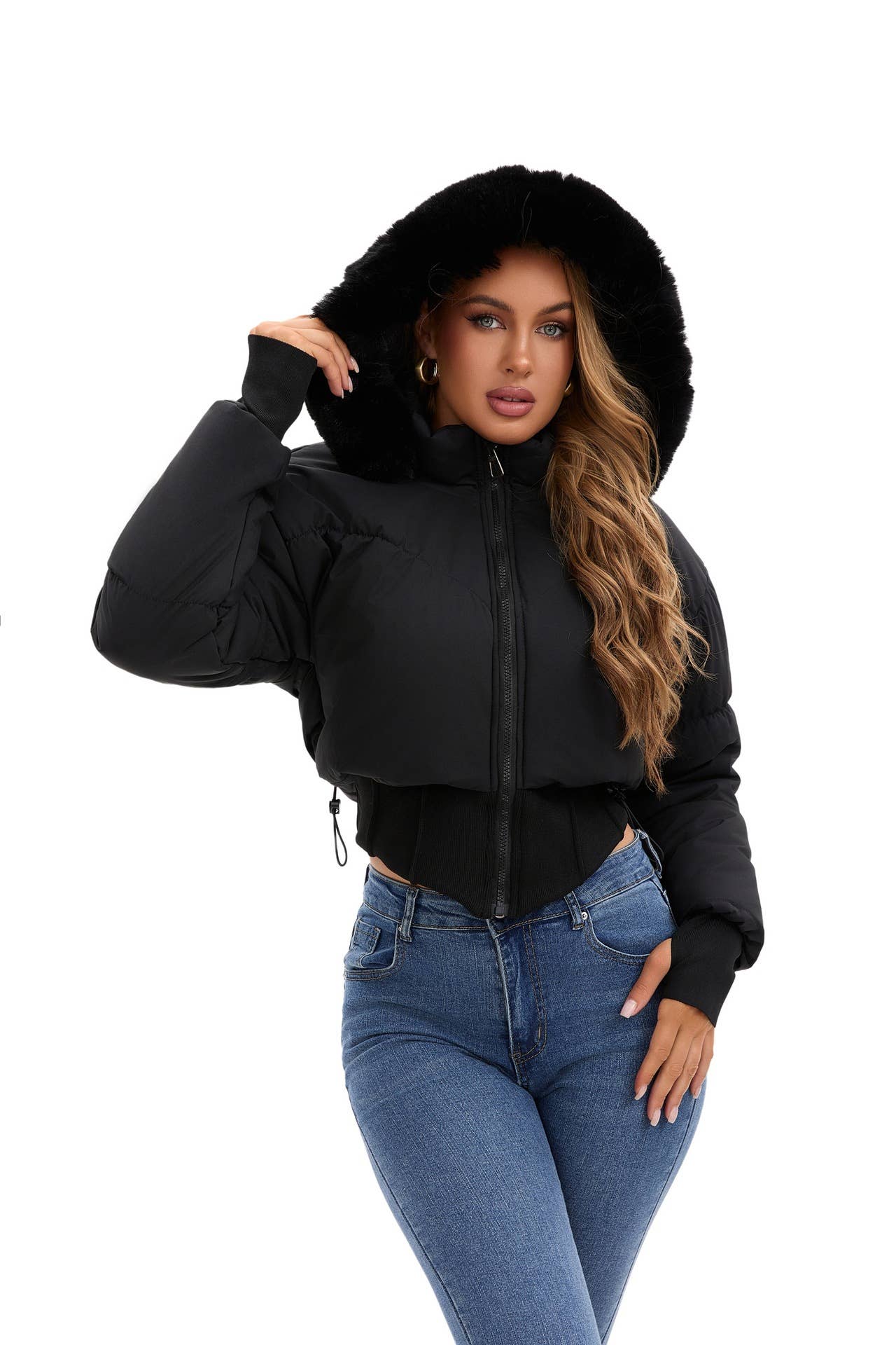 Thick cotton-padded jacket with a cinched waist