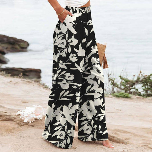 Leaf Print High Waist Wide Leg Trousers