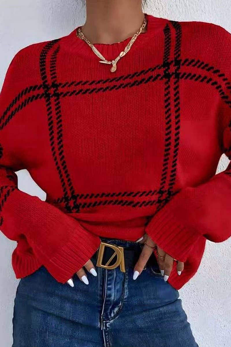 CWOSWL07350_PLAID COLORBLOCK CREWNECK KNIT SWEATER