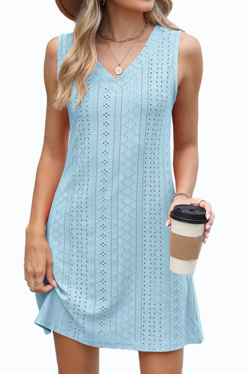 CWDSD8719_SOLID V-NECK SLEEVELESS CASUAL DRESS