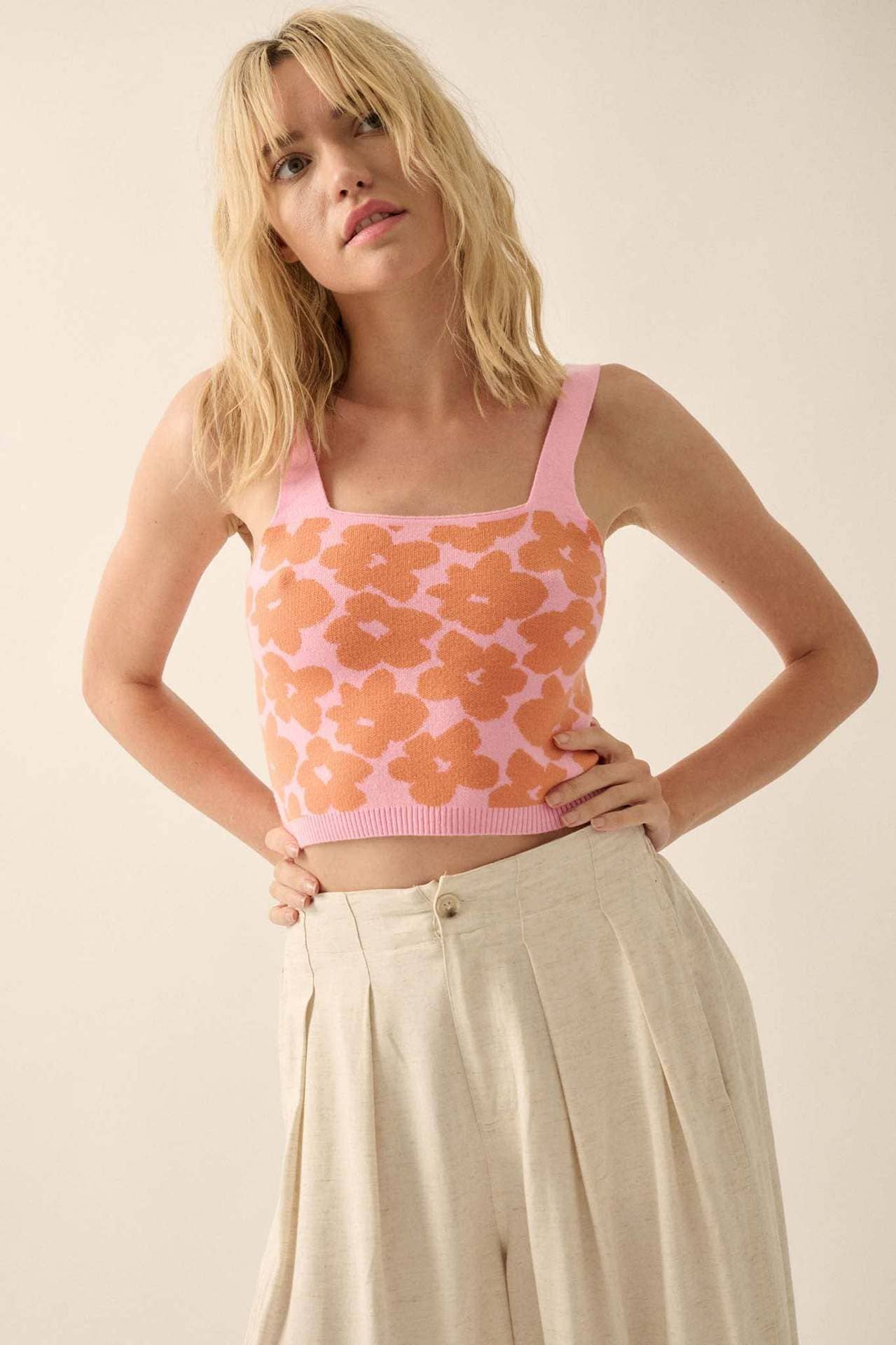 Sexy midriff jacquard back knit camisole tank top
