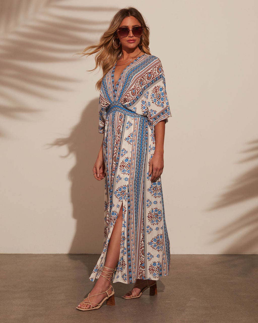 Printed short sleeve printed V-neck long  dress