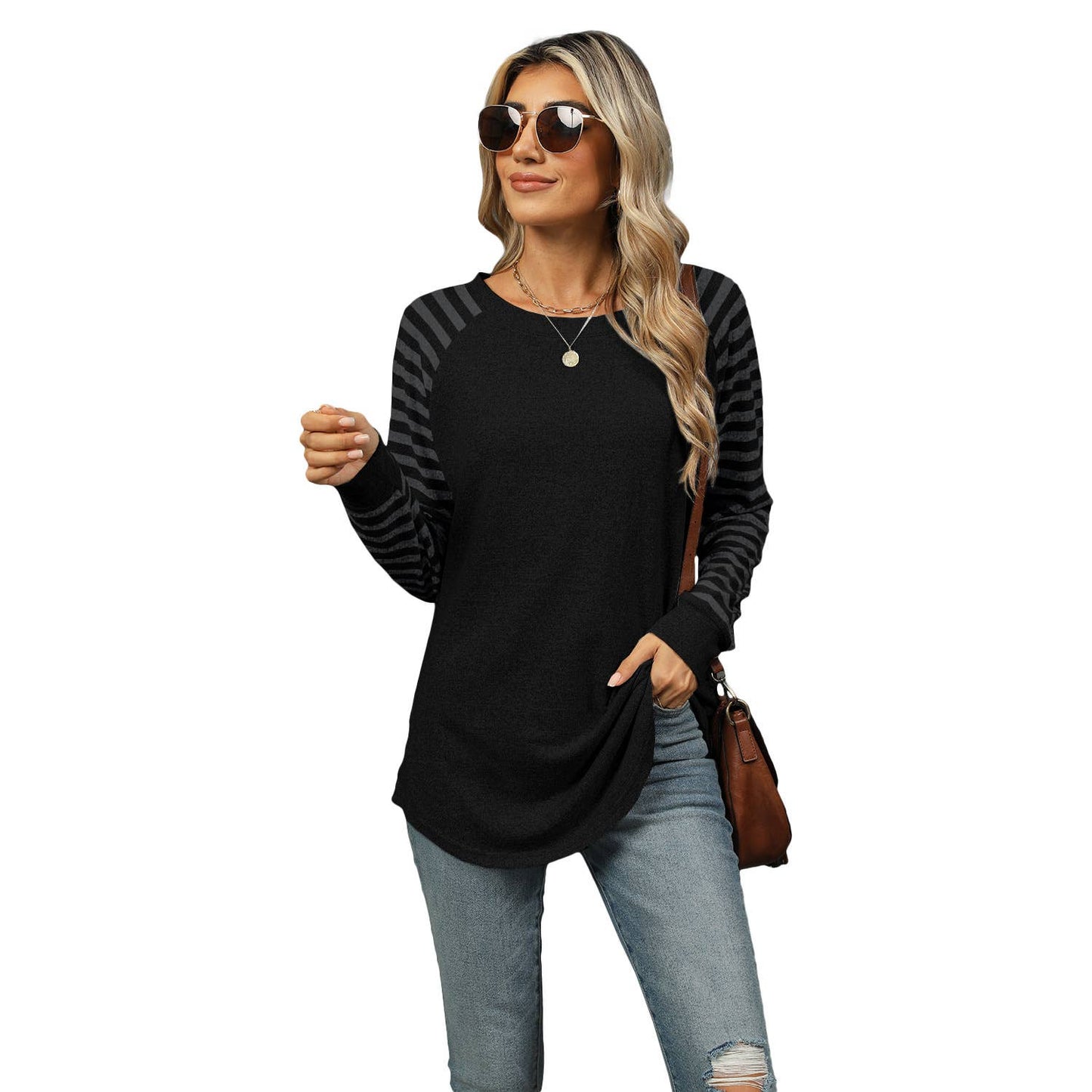 STRIPED PATCHWORK CREW NECK LONG SLEEVE T-SHIRT