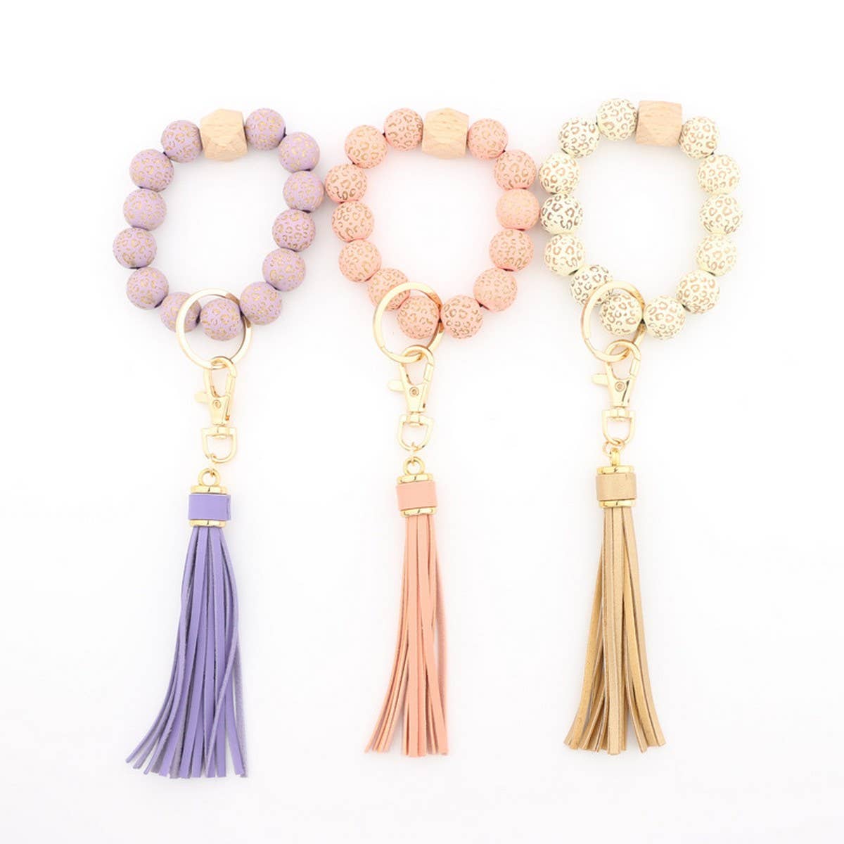 Leopard Wood Bead Bracelet Keychain with Tassel