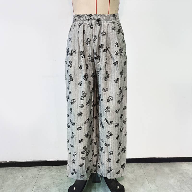 FLORAL PRINT ELASTIC WAIST STRAIGHT LEG PANTS