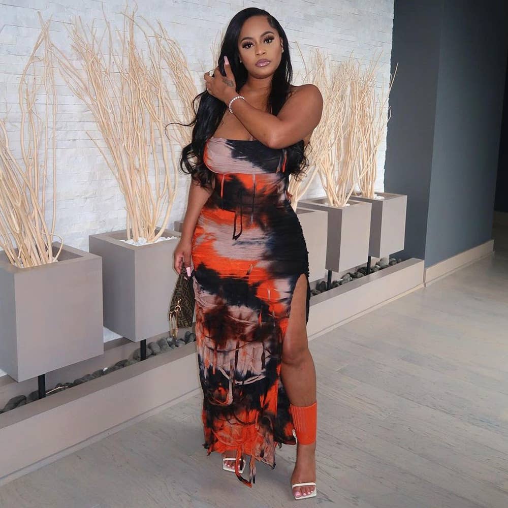 SEXY TIE-DYE FRINGE BEGGAR DRESS WITH SLIT