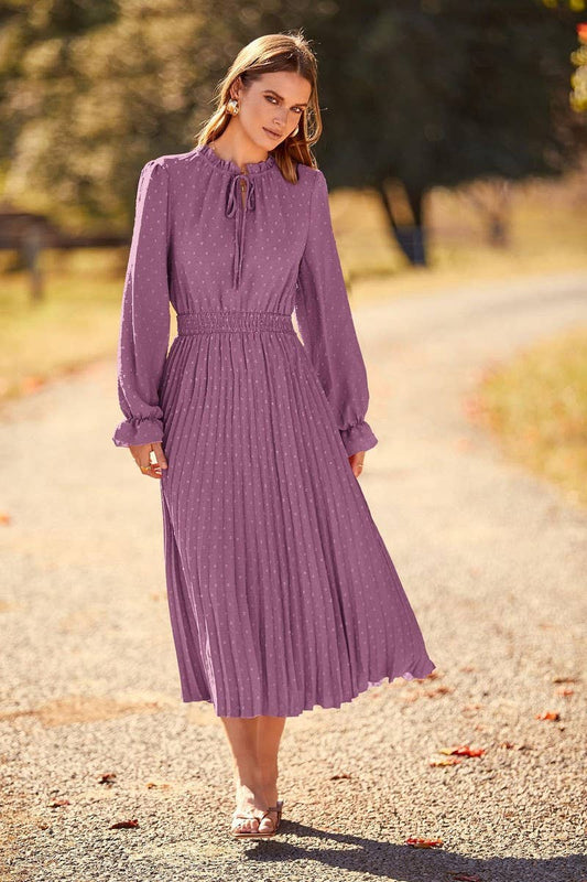 LONG SLEEVE POLKA DOT PLEATED FLOWING MAXI DRESS_CWDMD1321