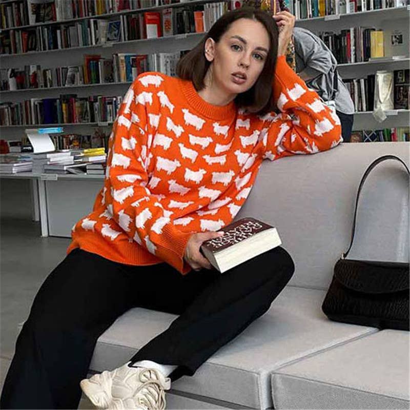 SHEEP PRINT LOOSE CASUAL PULLOVER SWEATER