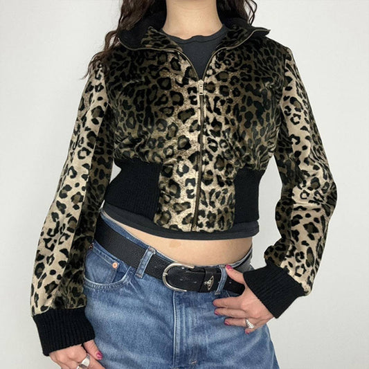 LEOPARD PRINT ZIPPERED VELVET JACKET STAND-UP