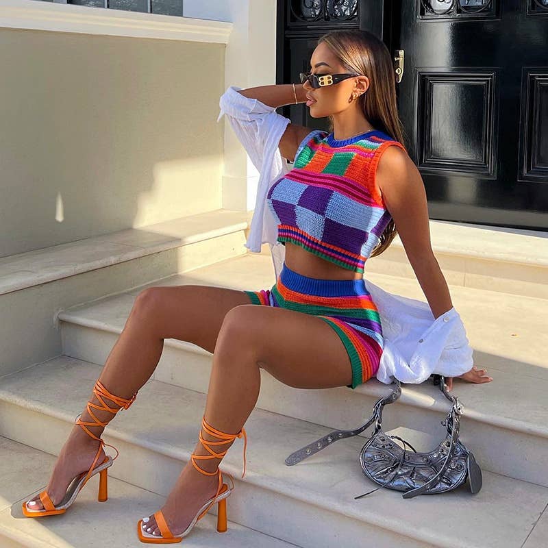 VEST HIGH WAIST SLIM LIFT HIP SHORT KNIT SUIT