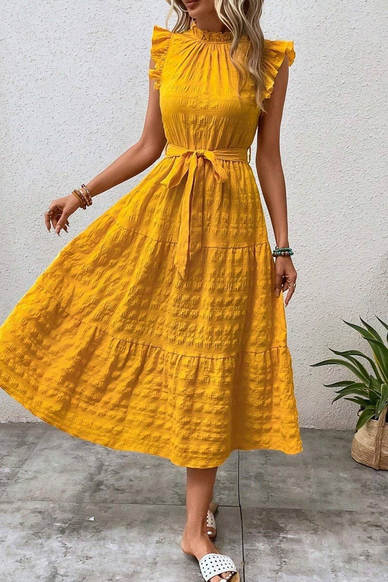 CWDMD4952_SUMMER RUFFLED FLYING SLEEVES TEXTURED DRESS