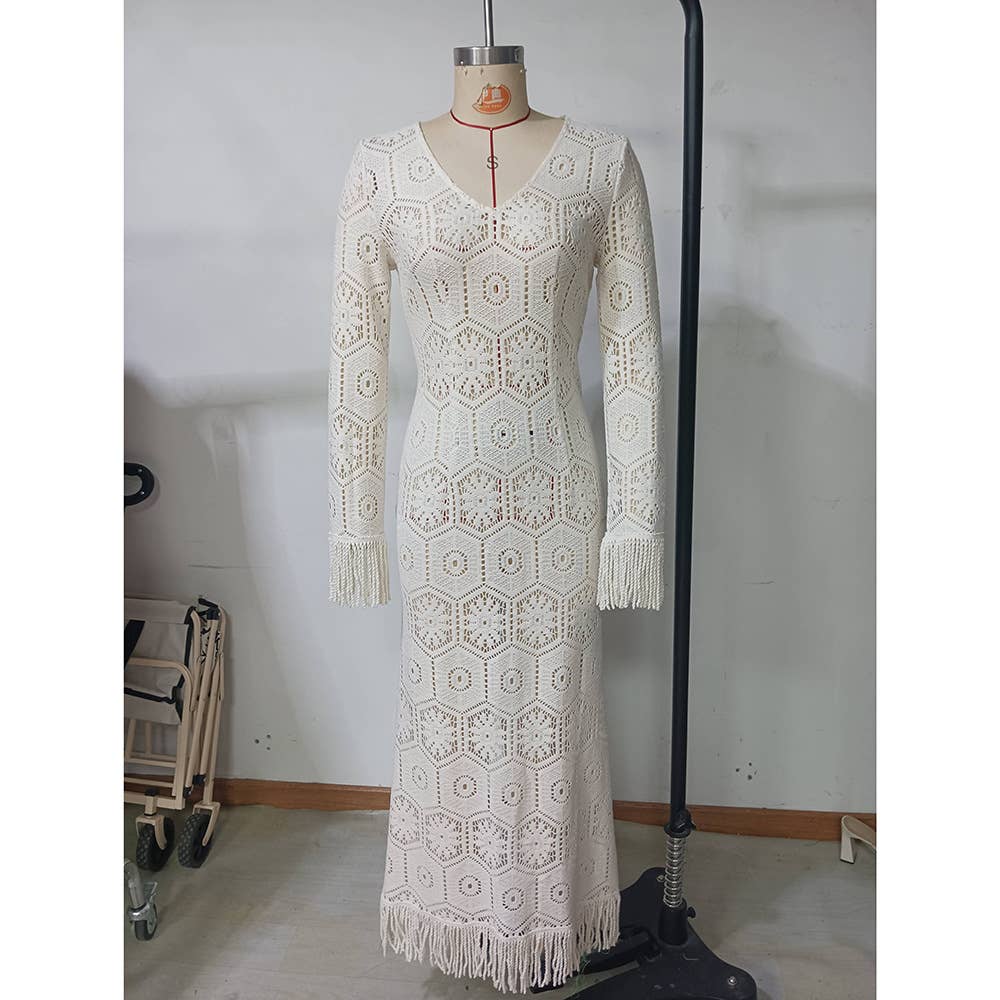 Hollow-out stitching tassel temperament dress