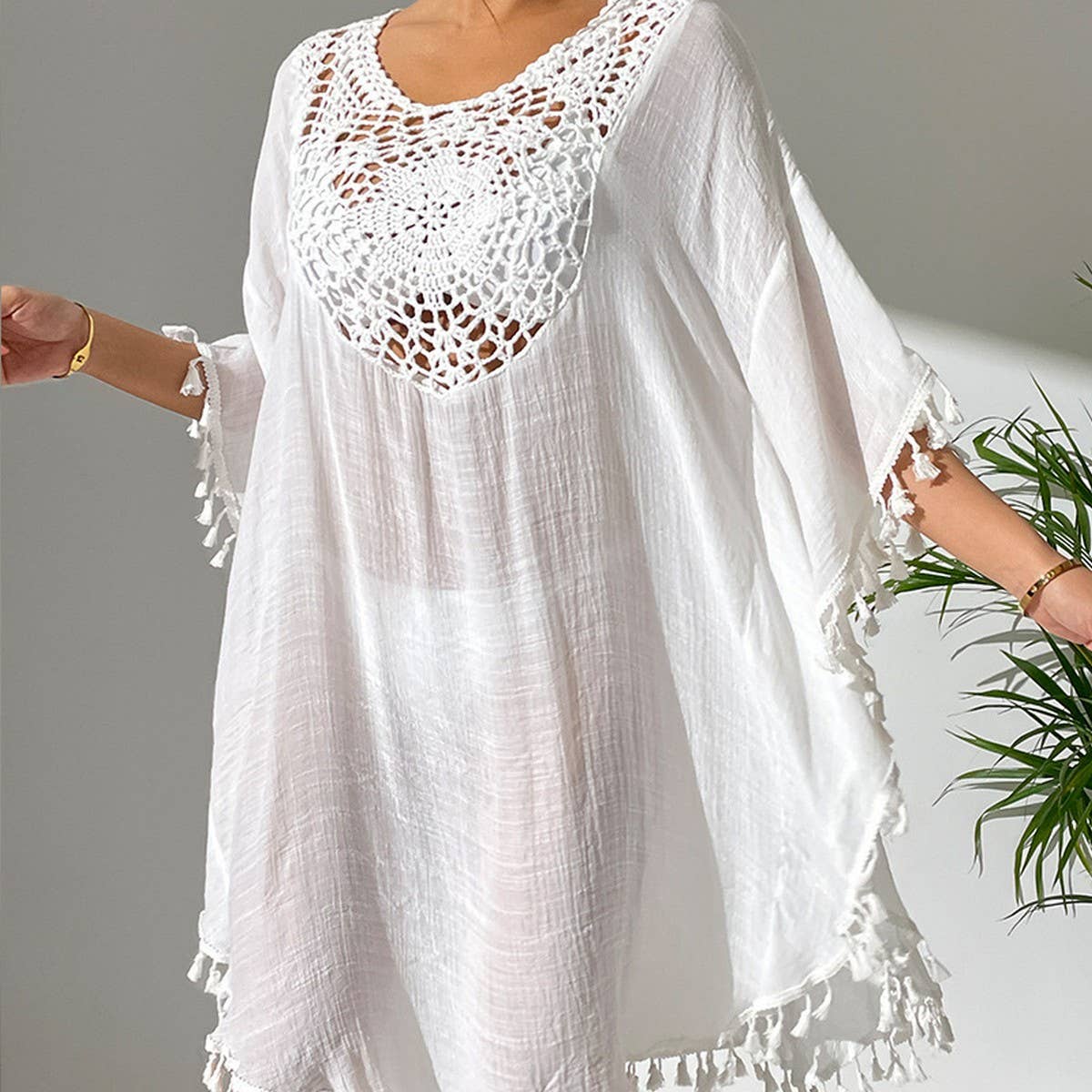 CROCHET PANEL TASSEL BIKINI BEACH COVER-UP