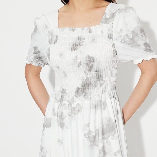 PRINTED DRESS WITH SQUARE COLLAR PUFFED SLEEVES
