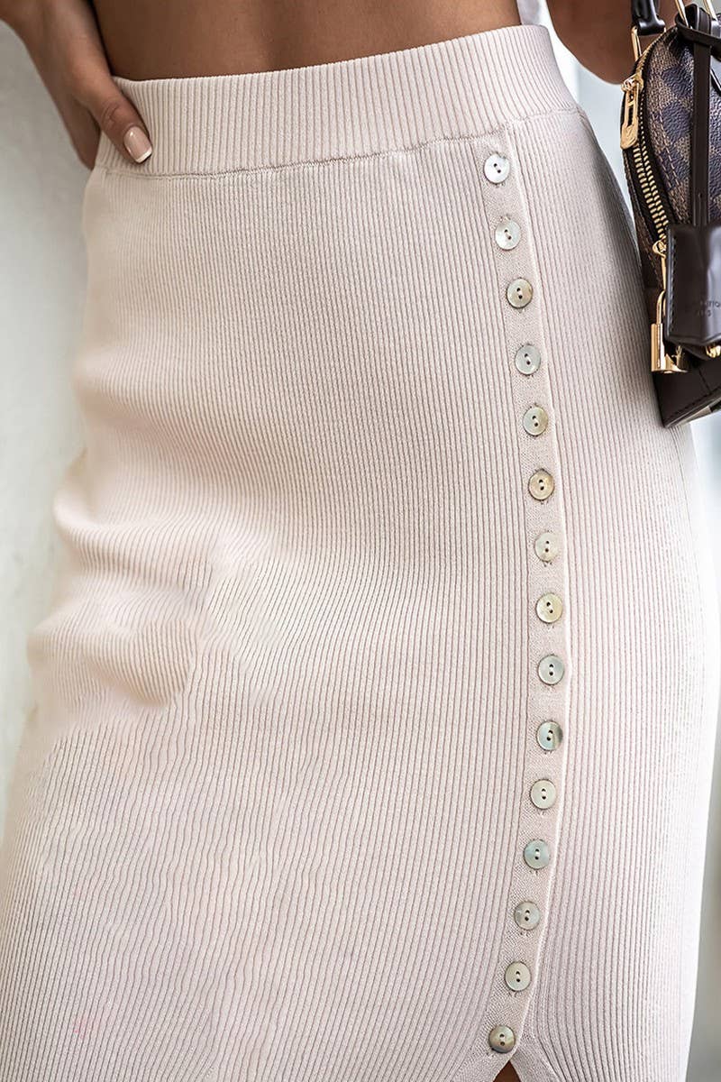 CWBMS0283_RIBBED TEMPERAMENT SLIT BUTTON SKIRT