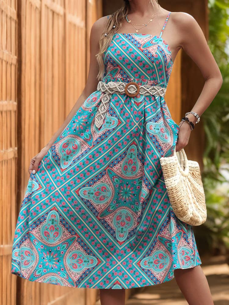 ETHNIC PRINT HIGH-WAISTED HALTER LOOSE DRESS
