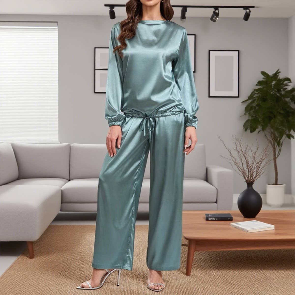 Round-neck satin loose top trousers casual set