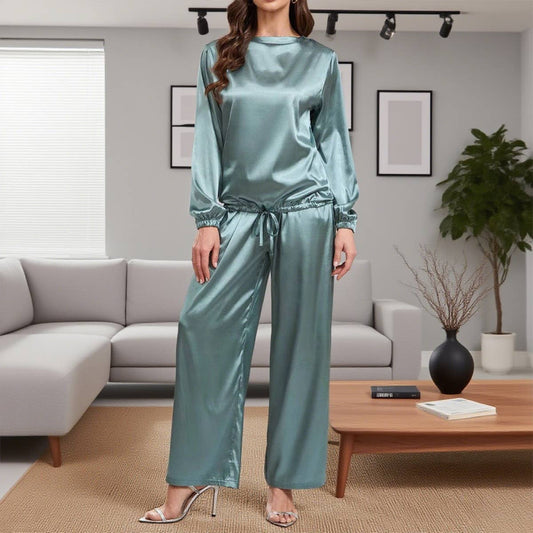 Round-neck satin loose top trousers casual set