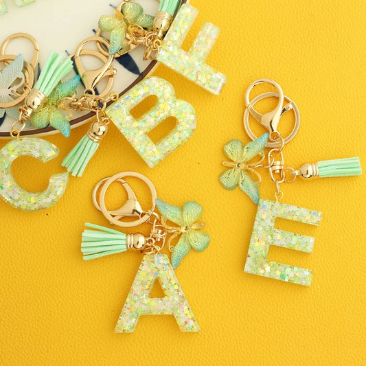 Green Butterfly Resin Letter Keychain with Glitter_CWAB5079