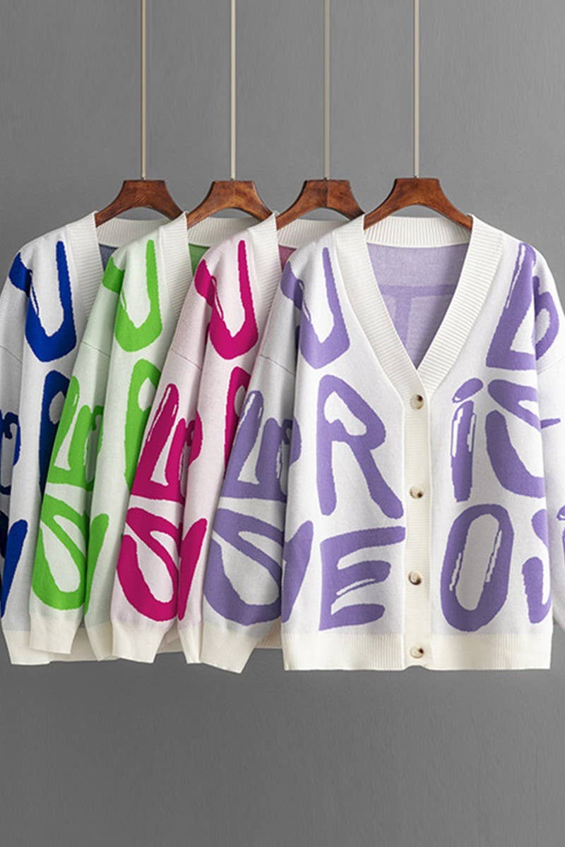 CWOCAL00668_LETTER JACQUARD SINGLE BUTTON KNIT CARDIGAN