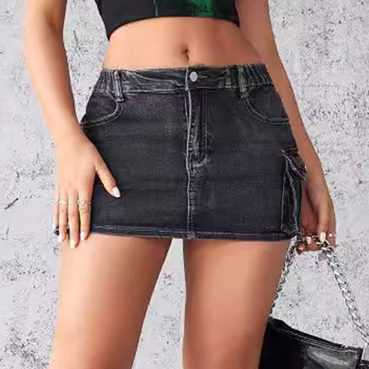 Vintage washed high waist denim mini skirt