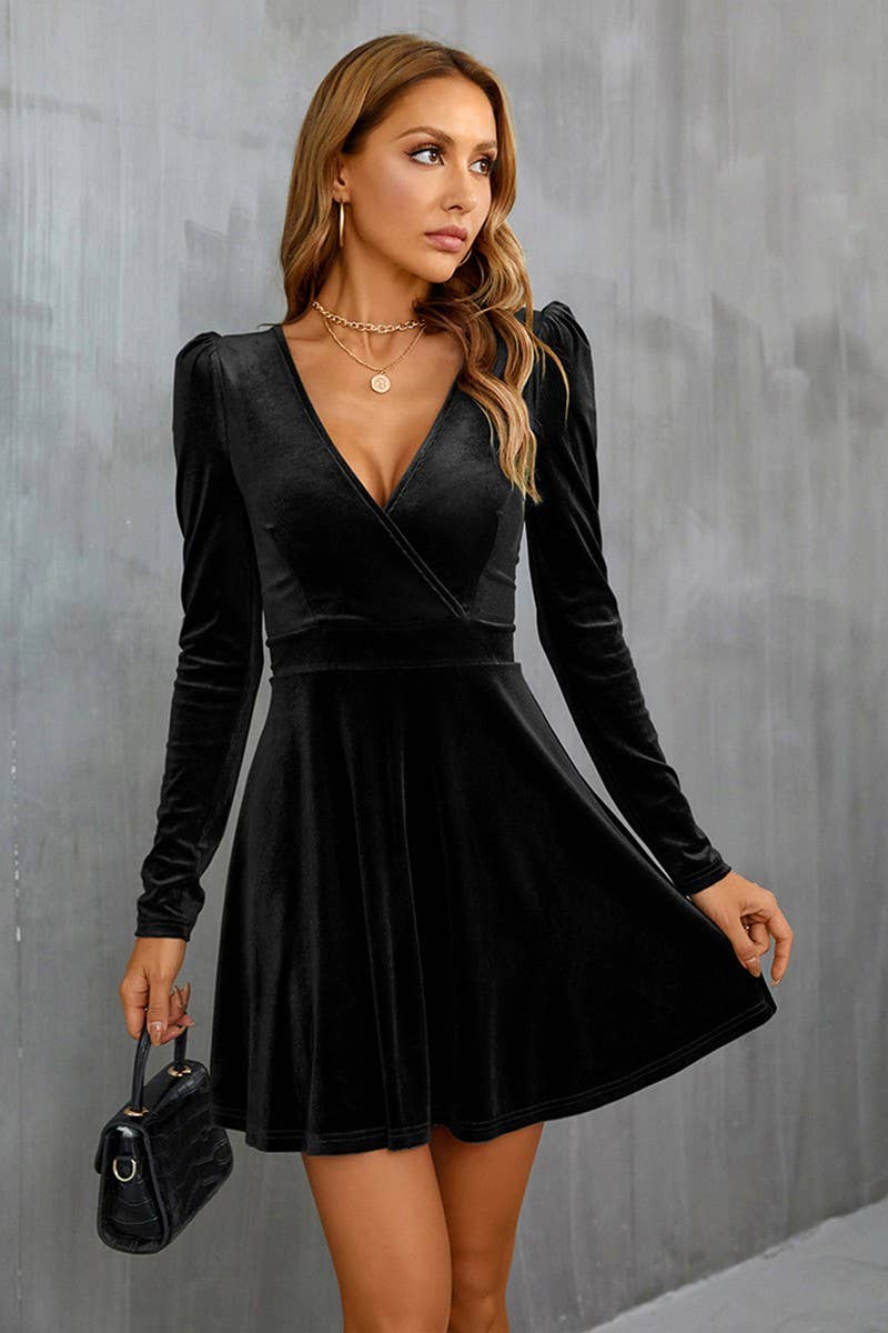 CWDSD6466_V-NECK LEG-OF-MUTTON SLEEVE A-LINE VELVET DRESS