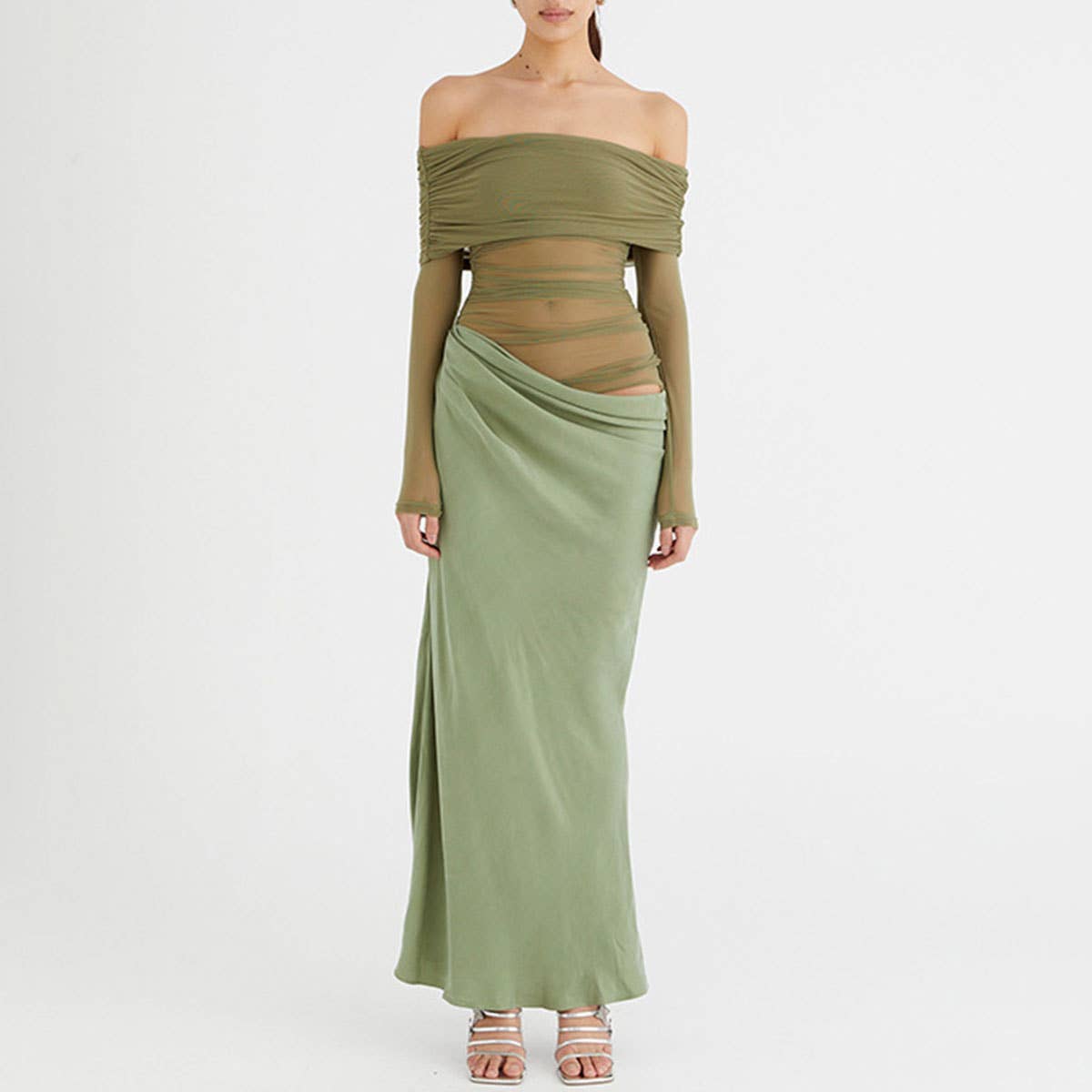 One-shoulder see-through mesh patchwork dress