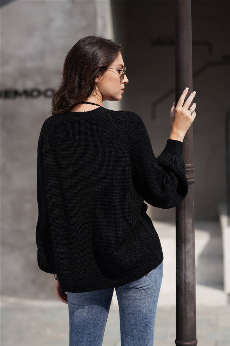 SOLID COLOR BUTTON-DOWN V-NECK SWEATER