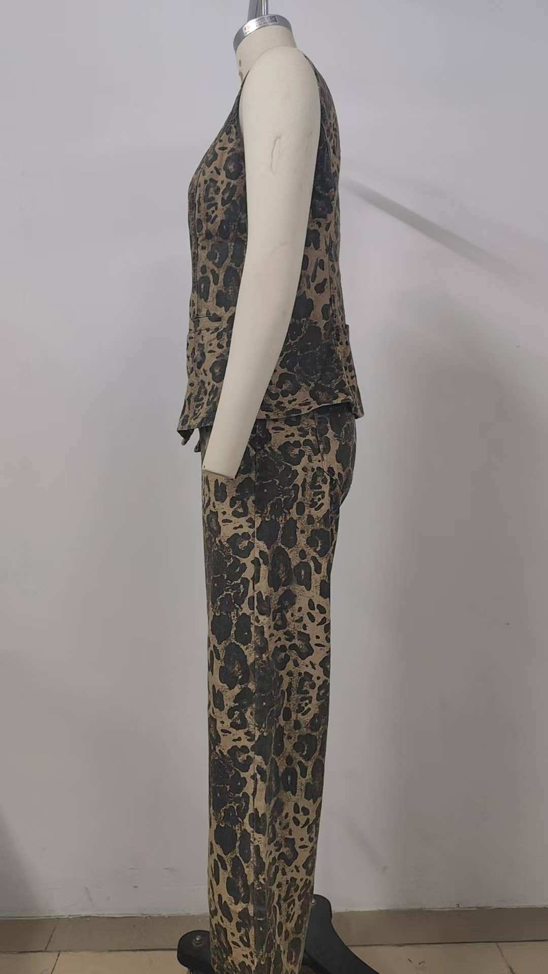 Washed American retro leopard print denim set