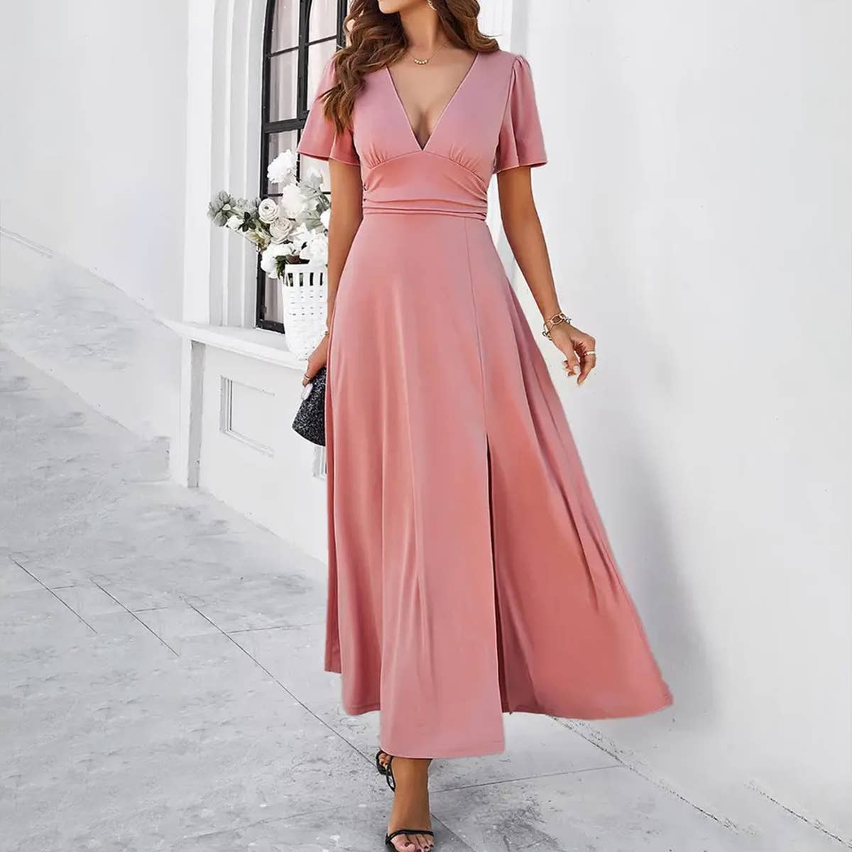 PURE COLOR TEMPERAMENT SLIM V NECK DRESS_CWDMD1296