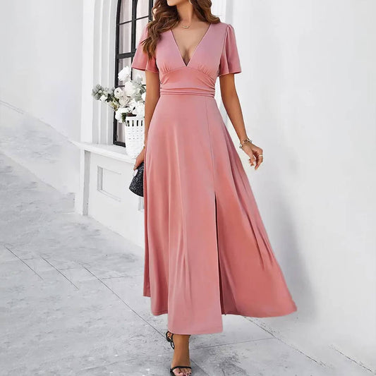 PURE COLOR TEMPERAMENT SLIM V NECK DRESS_CWDMD1296