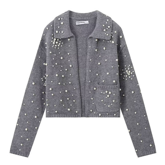 FASHION CASUAL NICHE DESIGN SENSE PEARL KNIT COAT