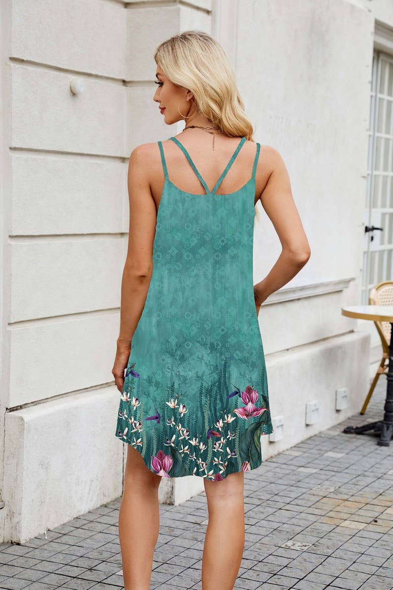 CWDSD7312_SLEEVELESS PRINTED CASUAL SUSPENDER DRESS