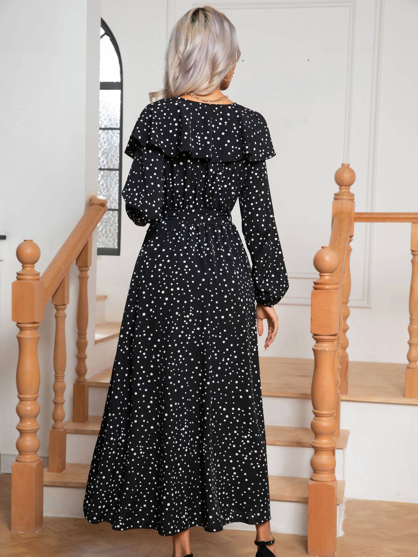 POLKA DOT PRINT LANTERN COLLAR LONG-SLEEVED DRESS