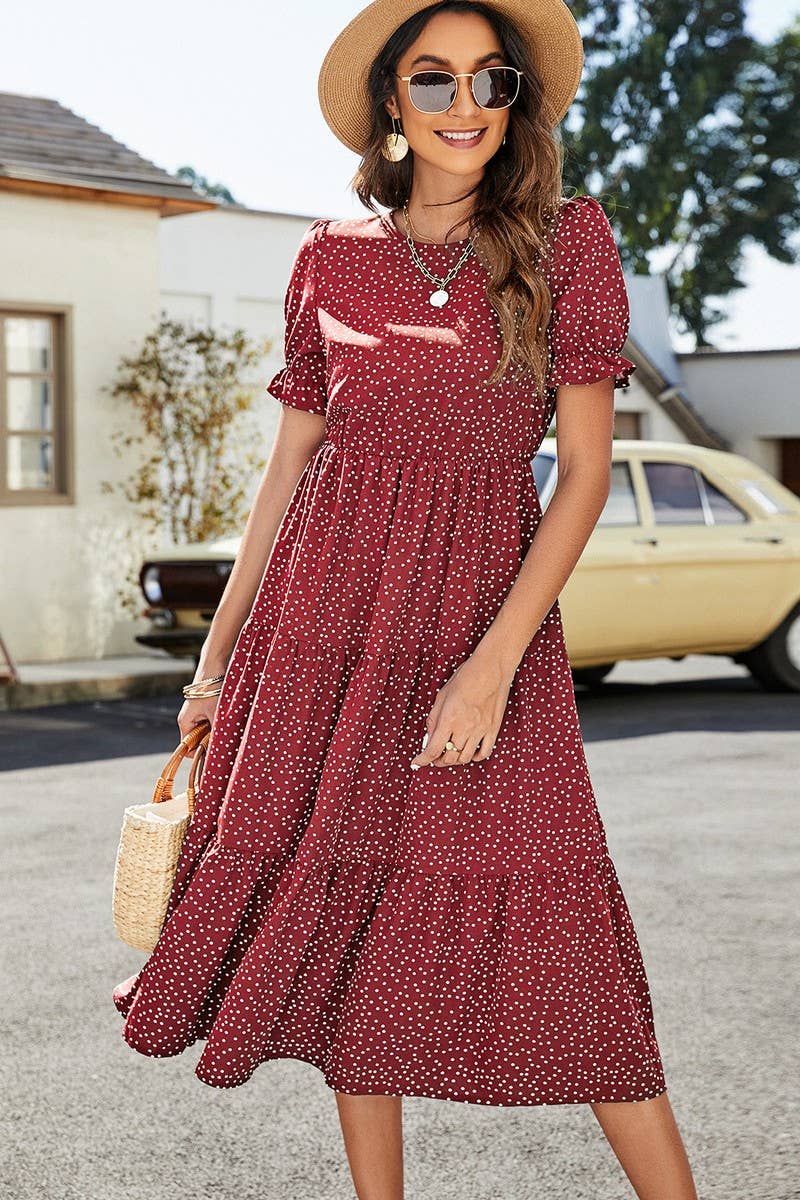 CWDMD1236_Round neck Tiered Detailed Short Sleeve Dress