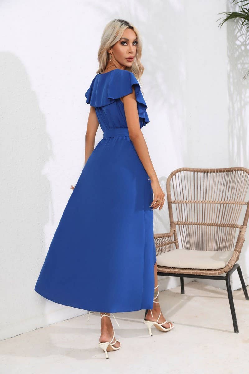 CWDMD1336_V-Neck Short Ruffle Sleeve With Belt Dress
