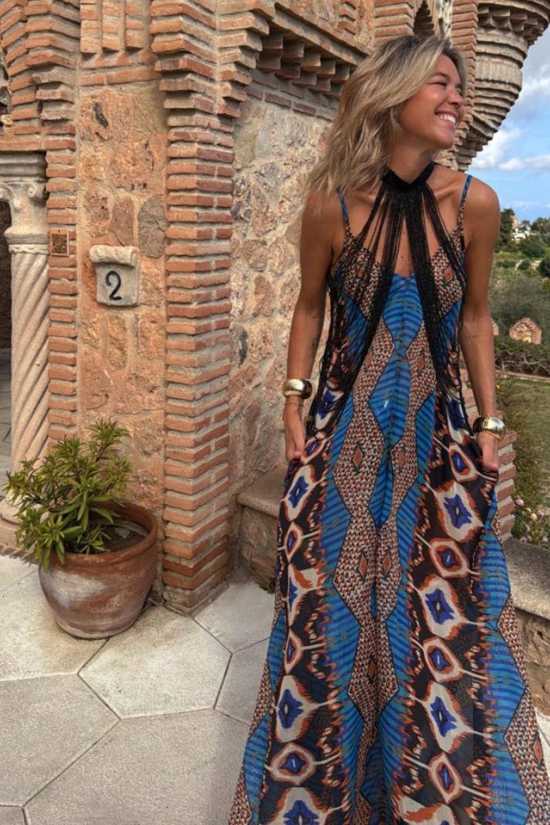 CWDHL0993_NEW SUMMER PRINTED SUSPENDER LONG SKIRT DRESS