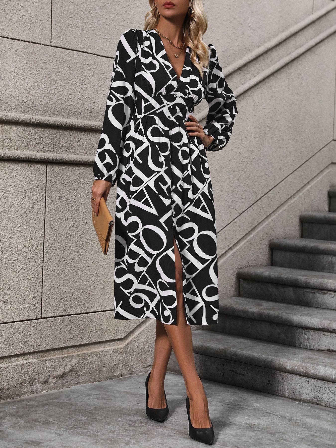 LONG SLEEVE GEOMETRIC PRINT SINGLE-BREASTED DRESS