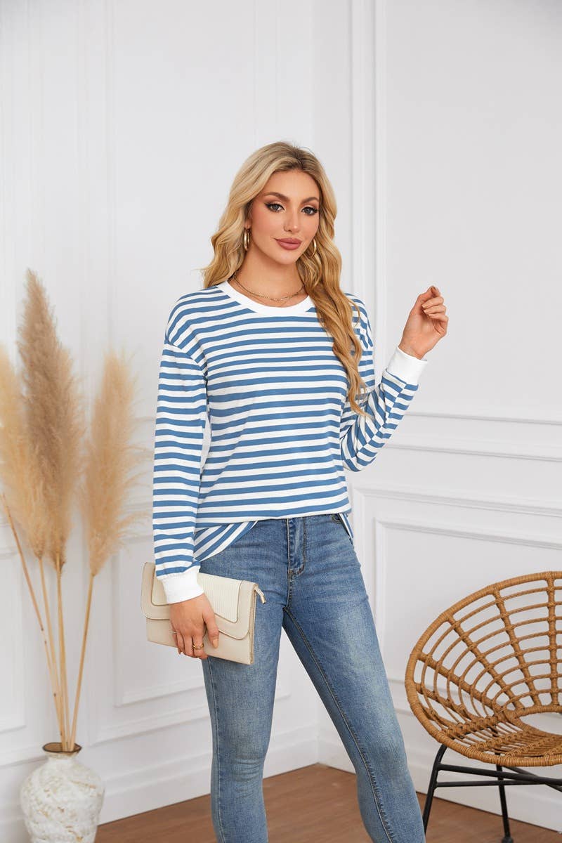 STRIPED CREW-NECK LONG-SLEEVED PULLOVER HOODIE
