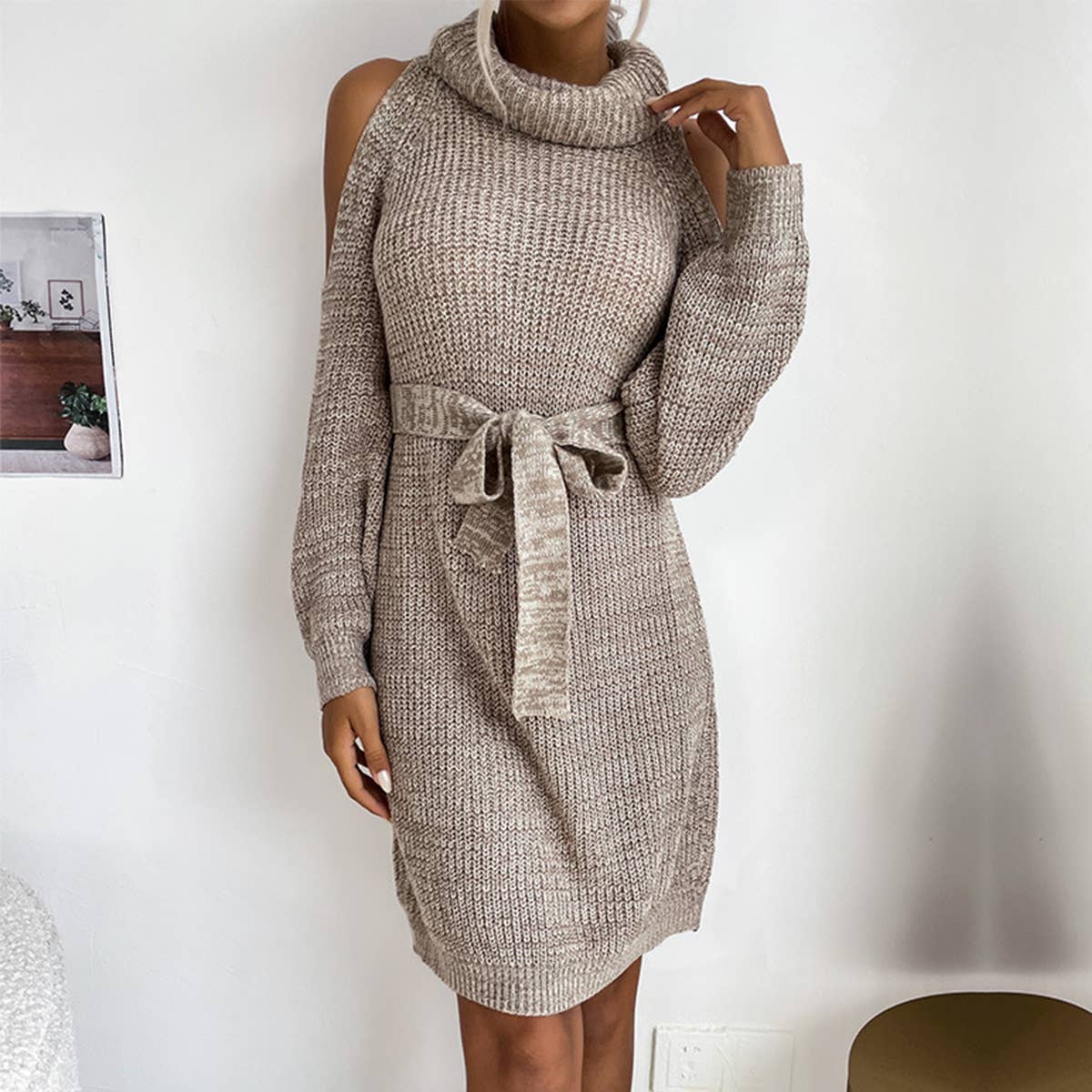 KNIT CUT-OUT OFF-THE-SHOULDER TURTLENECK DRESS