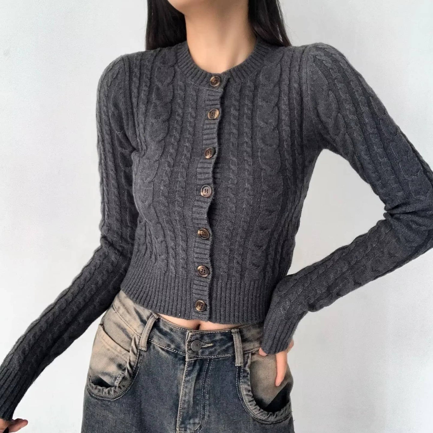 VINTAGE BUTTON-TWIST KNIT SHORT CARDIGAN SWEATER
