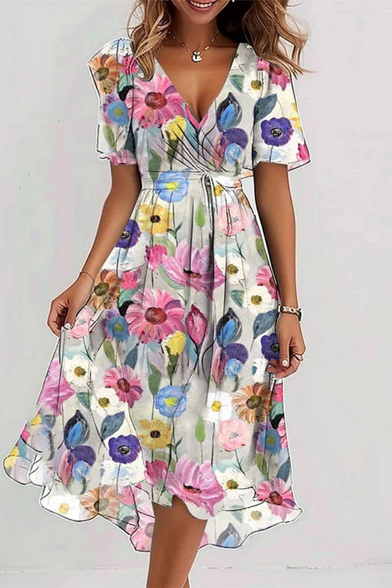 CWDMD01029_LOOSE AND CASUAL V-NECK FLORAL PRINT DRESS