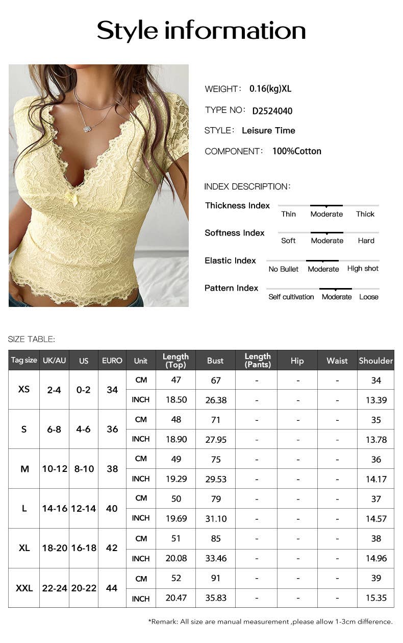 Sexy deep V slim-fit embroidered short sleeve top