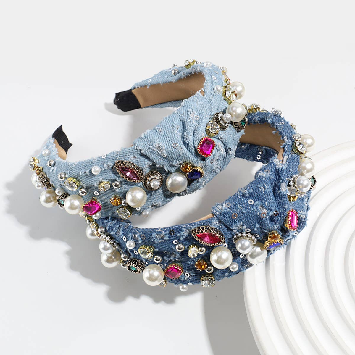KNOTTED DENIM HEADBAND WITH COLORFUL RHINESTONES