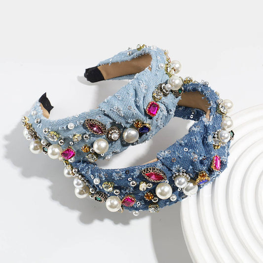 KNOTTED DENIM HEADBAND WITH COLORFUL RHINESTONES