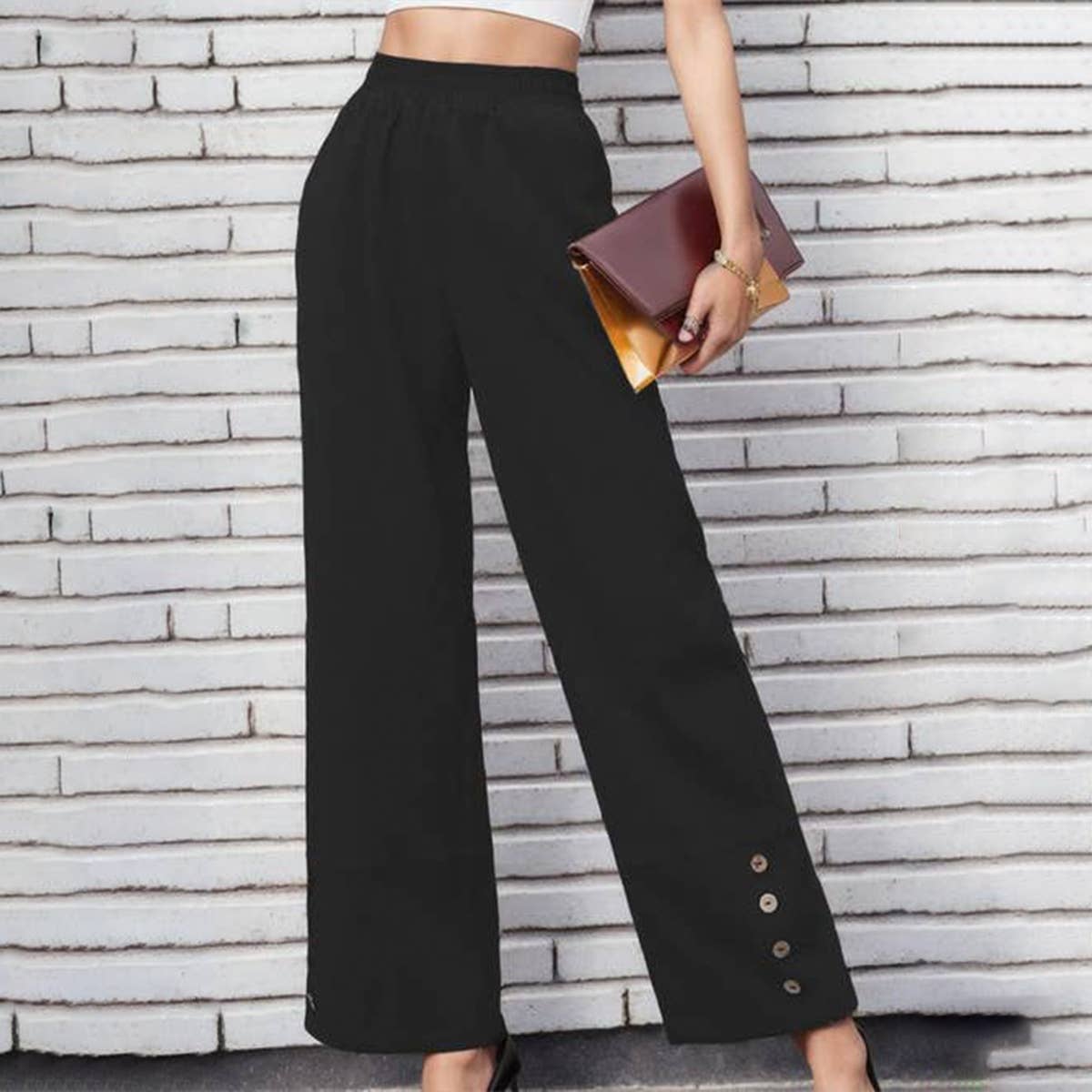 SOLID COLOR CASUAL STRAIGHT LEG PANTS