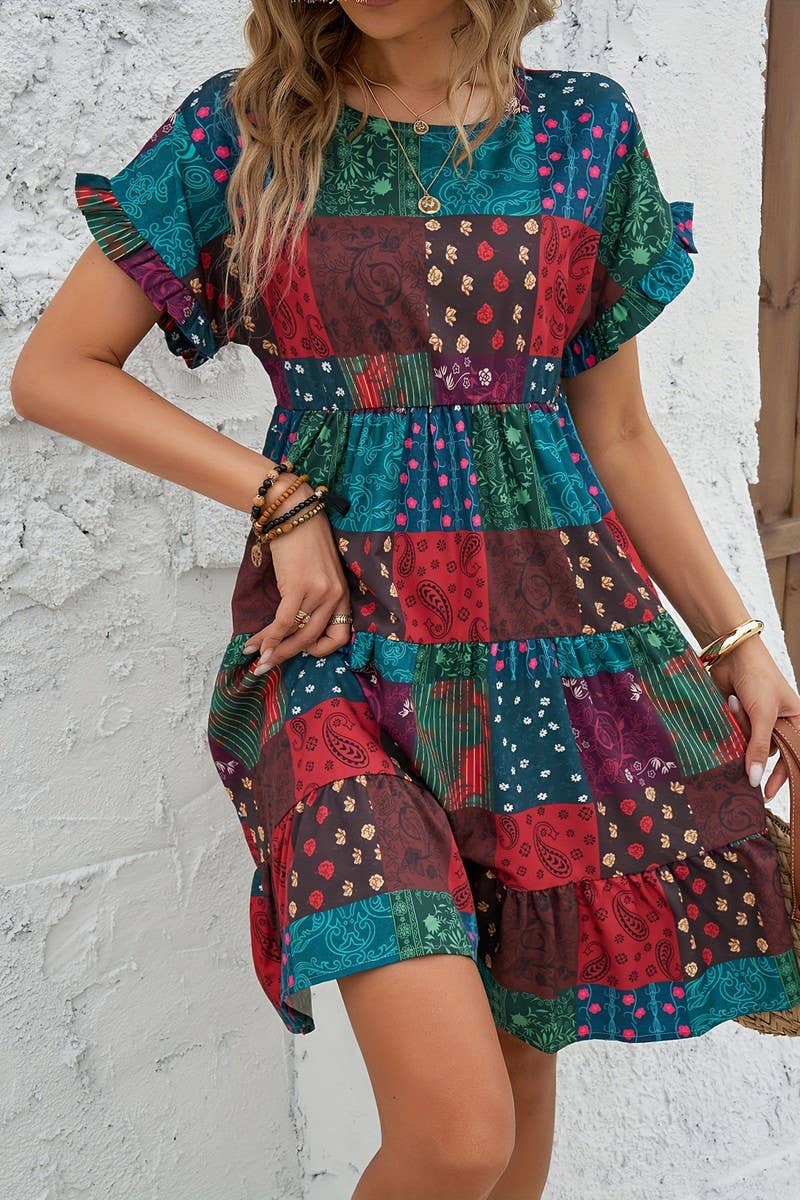 CWDSD10878_RUFFLE SLEEVE KNEE LENGTH VACATION DRESS