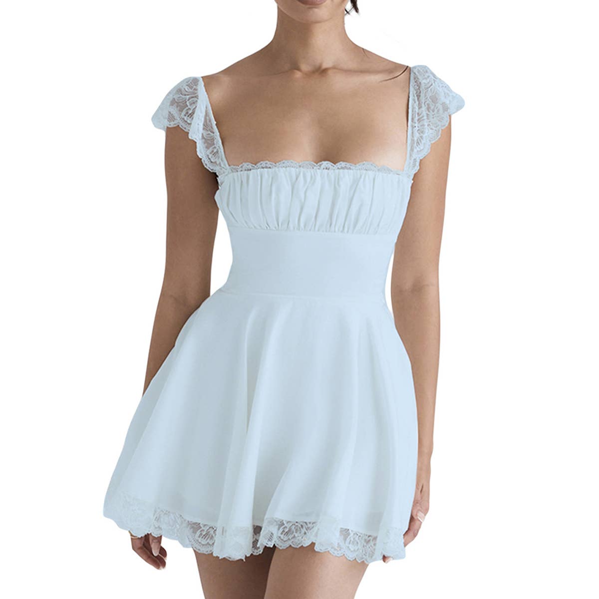 Lace-trimmed square-neck fitted halter dress