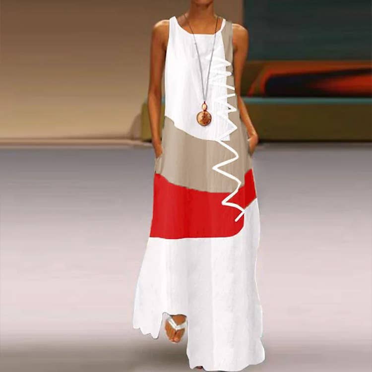 PRINTED SLEEVELESS U-NECK COLOR MATCHING DRESS