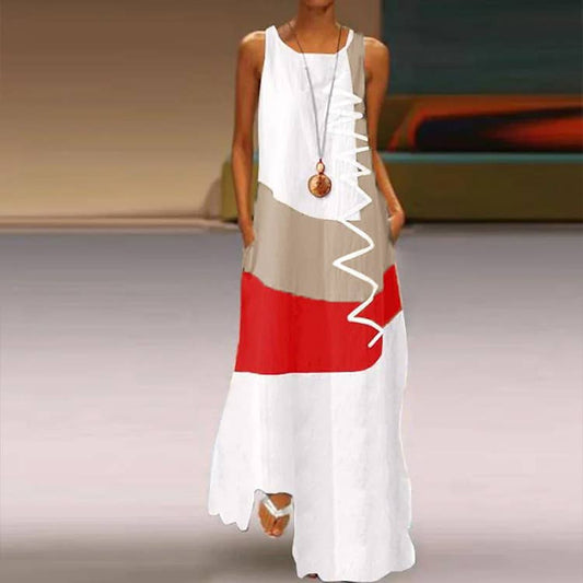 PRINTED SLEEVELESS U-NECK COLOR MATCHING DRESS